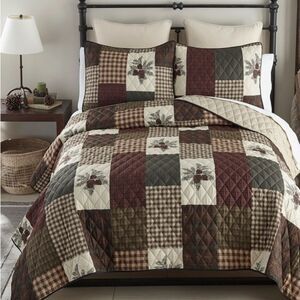 Pine Cone Panels Printed King Quilt Set Country Lodge Rustic Cabin Forest
